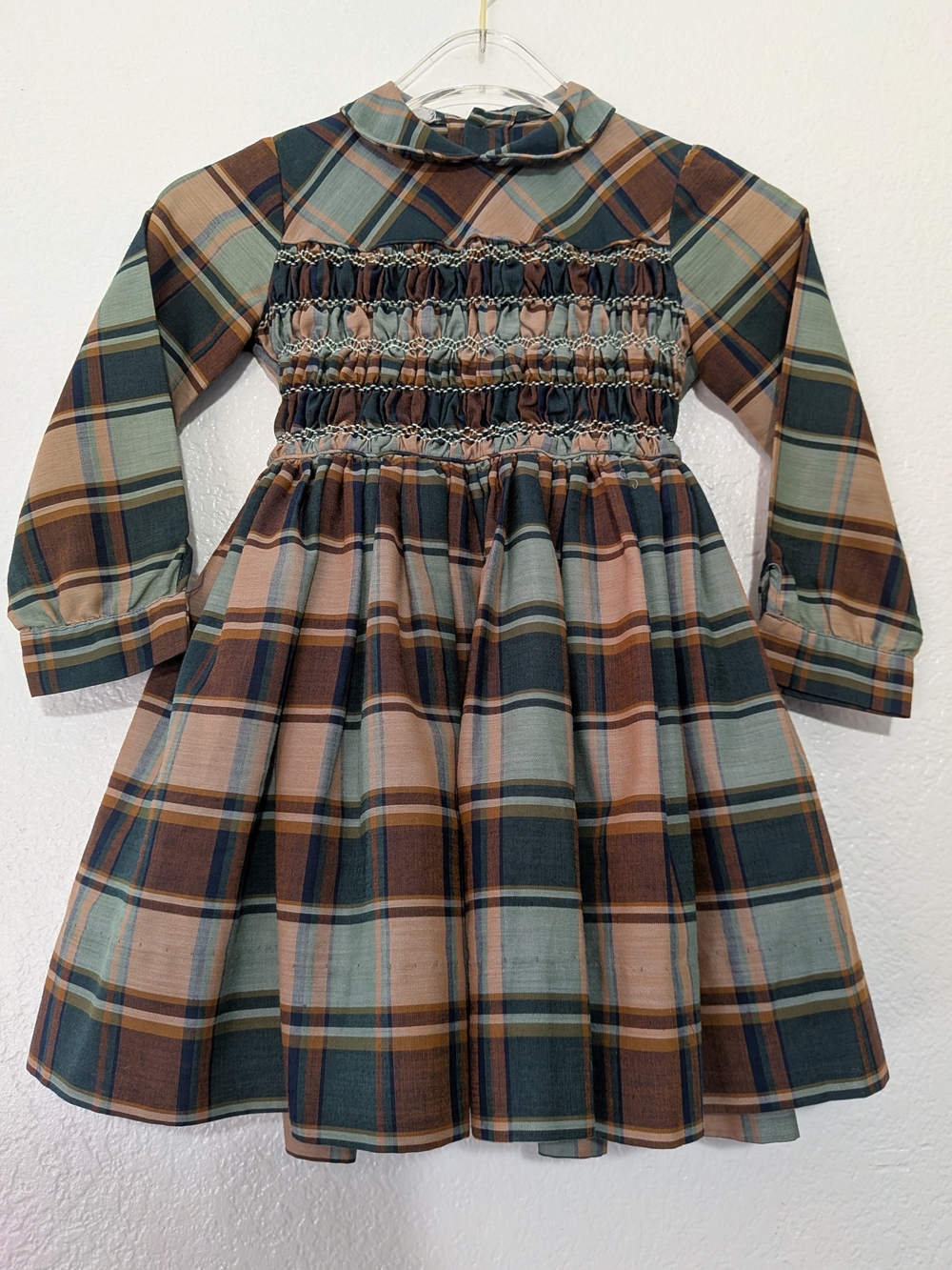 Vintage Girls Plaid Smocked Long-Sleeve Dress - Green & Brown Size 6